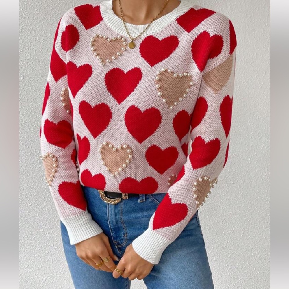 Pearl Embellished Heart Sweater
